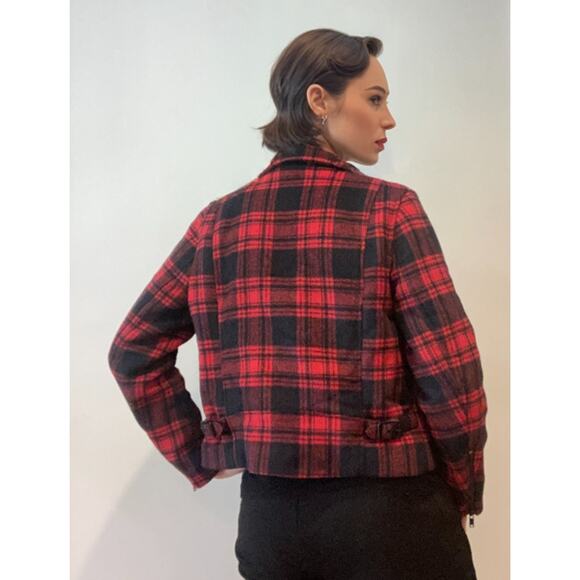 Gap Black & Red Check Buffalo Plaid 90s Inspo Wool Moto Biker Jacket ~ Sz M - Picture 4 of 12